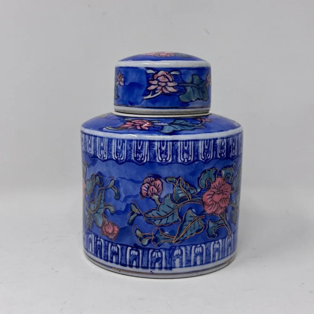 Vintage Blue Floral Ginger Jar Canister Chinoiserie Porcelain 6